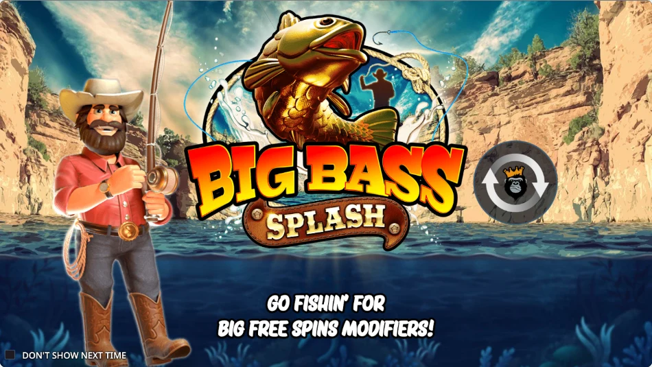 Original Big Bass Splash introductory game screen with fisherman and underwater reels